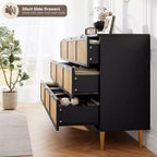 Cassettiera in Rattan Boho con Maniglie Oro e Struttura in Legno Nero