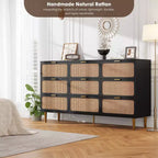 Cassettiera in Rattan Boho con Maniglie Oro e Struttura in Legno Nero