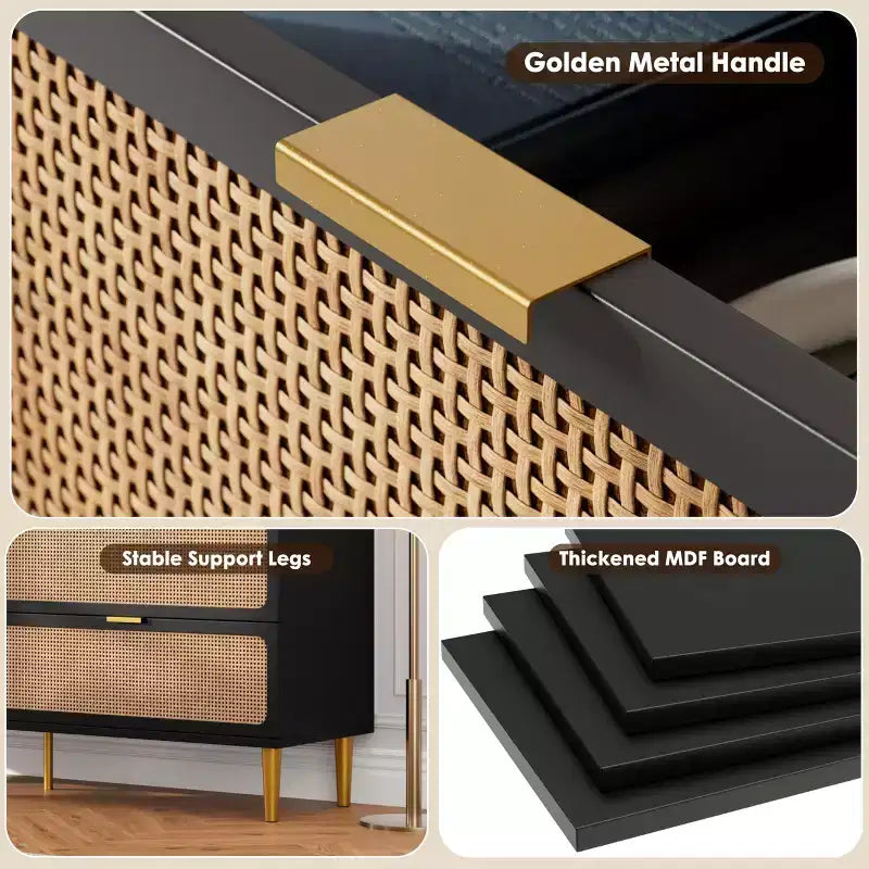 Boho Rattan Drawer Dresser with Gold Handles and Black Wood Frame