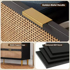 Cassettiera in Rattan Boho con Maniglie Oro e Struttura in Legno Nero