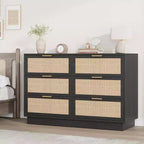 Cassettiera in Rattan Boho con Maniglie Oro e Struttura in Legno Nero