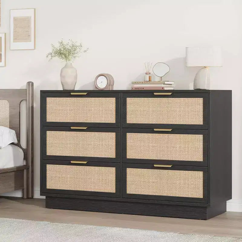 Boho Rattan Drawer Dresser with Gold Handles and Black Wood Frame