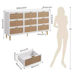 Cassettiera in Rattan Boho con Maniglie Oro e Struttura in Legno Nero