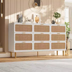 Cassettiera in Rattan Boho con Maniglie Oro e Struttura in Legno Nero