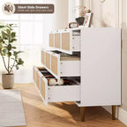 Cassettiera in Rattan Boho con Maniglie Oro e Struttura in Legno Nero