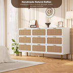 Cassettiera in Rattan Boho con Maniglie Oro e Struttura in Legno Nero
