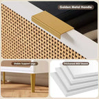 Cassettiera in Rattan Boho con Maniglie Oro e Struttura in Legno Nero