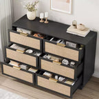 Cassettiera in Rattan Boho con Maniglie Oro e Struttura in Legno Nero