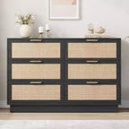 Boho Rattan 6/7/9-Drawer Dresser with Gold Handles, Modern Black Wood Storage Chest, Wide Organizer for Bedroom Living Room Hallway