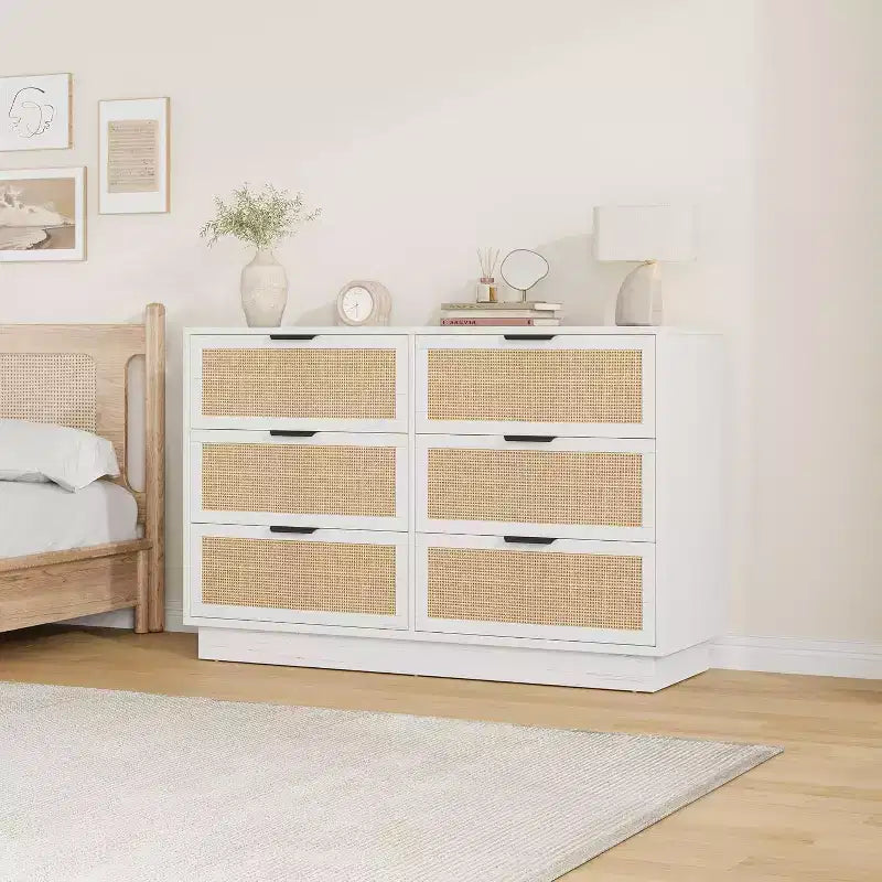 Boho Rattan Drawer Dresser with Gold Handles and Black Wood Frame