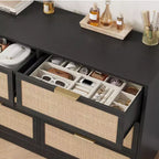 Cassettiera in Rattan Boho con Maniglie Oro e Struttura in Legno Nero