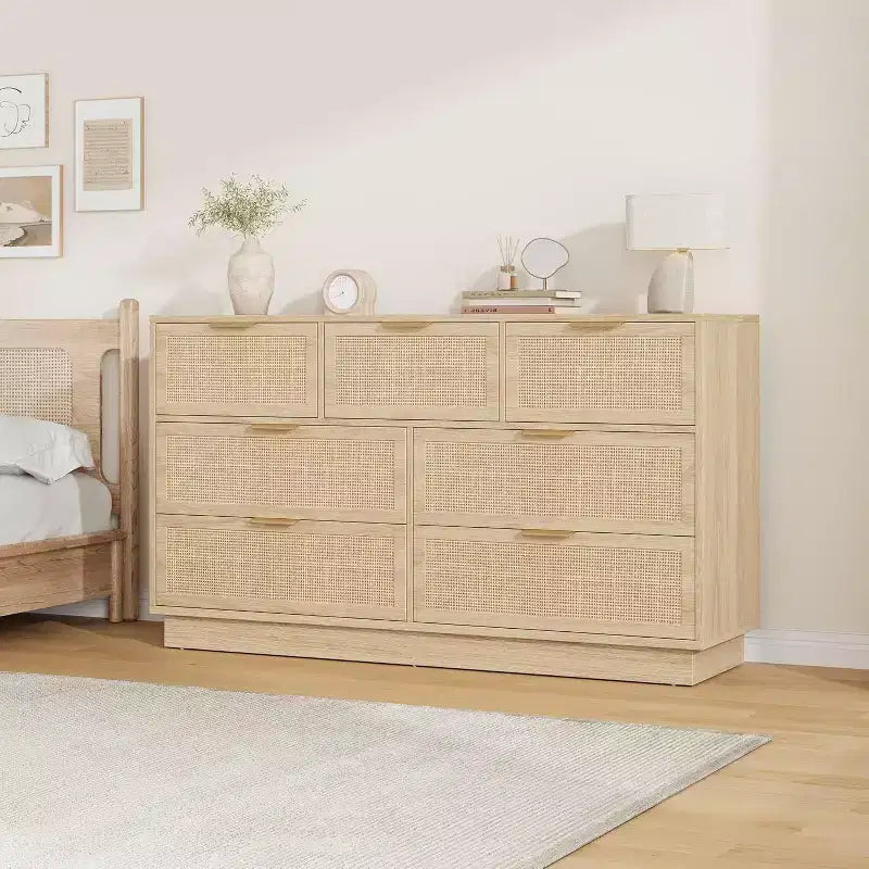 Boho Rattan Drawer Dresser with Gold Handles and Black Wood Frame