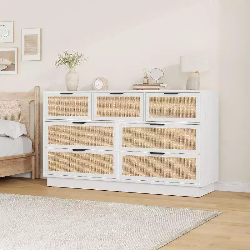 Boho Rattan Drawer Dresser with Gold Handles and Black Wood Frame