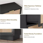 Cassettiera in Rattan Boho con Maniglie Oro e Struttura in Legno Nero