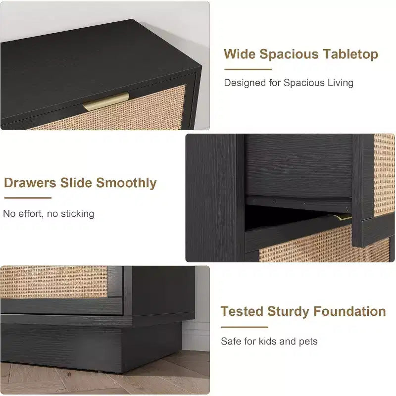 Boho Rattan Drawer Dresser with Gold Handles and Black Wood Frame