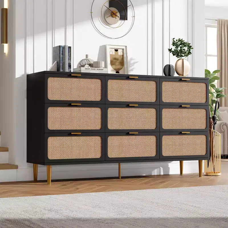 Boho Rattan Drawer Dresser with Gold Handles and Black Wood Frame
