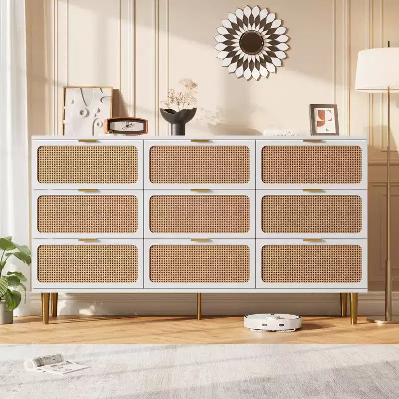 Boho Rattan Drawer Dresser with Gold Handles and Black Wood Frame
