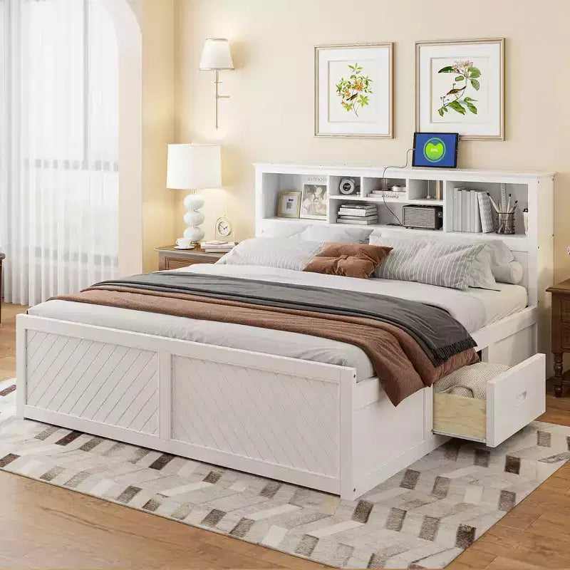 King Size Wood Platform Bed with Multi-Storage Headboard, USB Ports, and Drawers