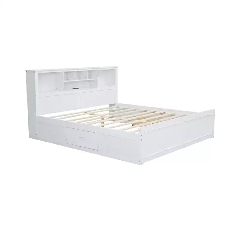 King Size Wood Platform Bed with Multi-Storage Headboard, USB Ports, and Drawers