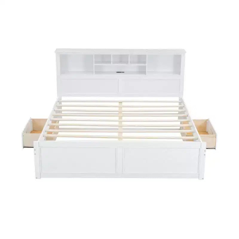 King Size Wood Platform Bed with Multi-Storage Headboard, USB Ports, and Drawers