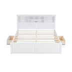 Letto a piattaforma King Size in legno con testiera multi-storage, porte USB e cassetti