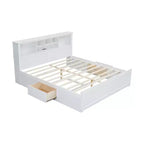 Letto a piattaforma King Size in legno con testiera multi-storage, porte USB e cassetti
