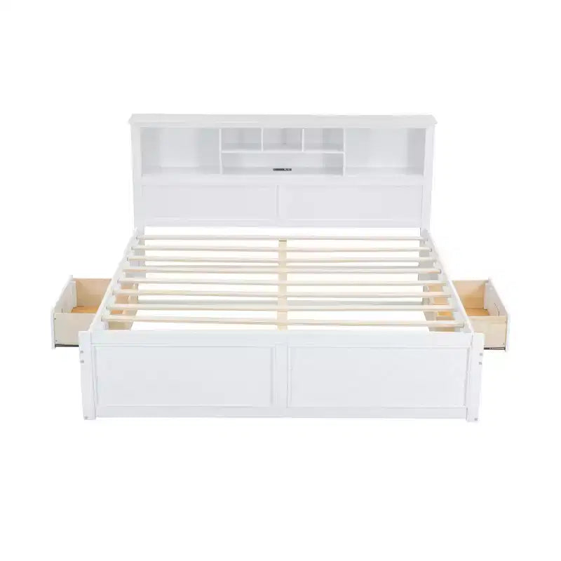 King Size Wood Platform Bed with Multi-Storage Headboard, USB Ports, and Drawers