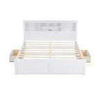 Letto a piattaforma King Size in legno con testiera multi-storage, porte USB e cassetti