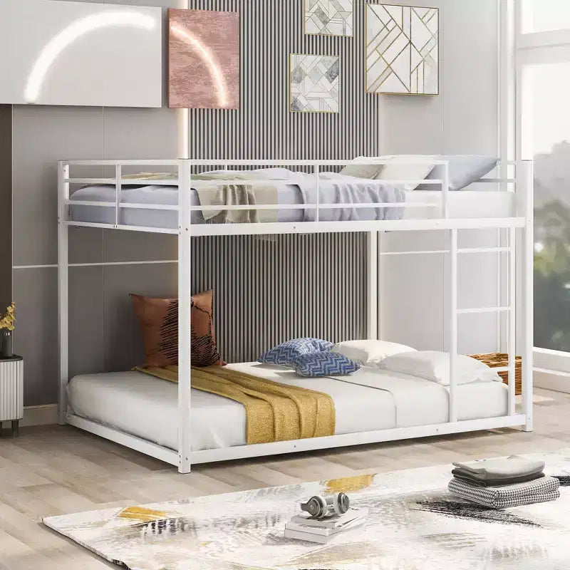 Full Size Metal Bunk Bed with Built-In Ladder and Full-Length Guardrail