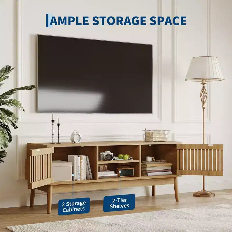 Boho Modern TV Stand with Fluted Doors, Open Shelves, and Storage Cabinet