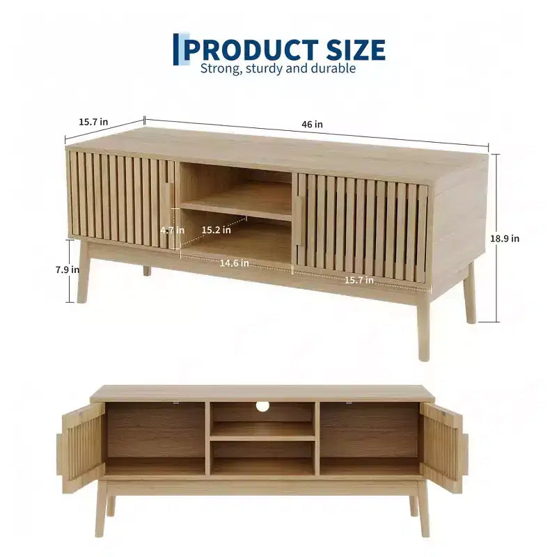 Boho Modern TV Stand with Fluted Doors, Open Shelves, and Storage Cabinet