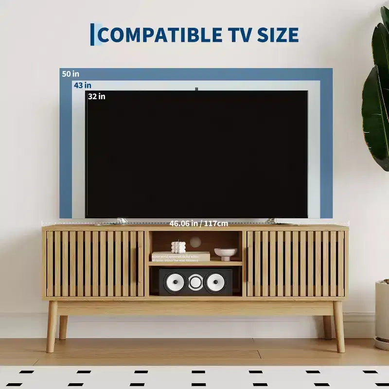 Boho Modern TV Stand with Fluted Doors, Open Shelves, and Storage Cabinet