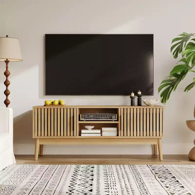 Boho Modern TV Stand with Fluted Doors, Open Shelves, and Storage Cabinet