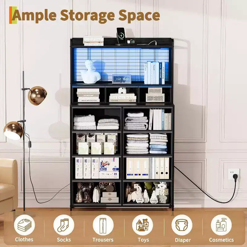 Smart Dresser with 11 Fabric Drawers, Charging Station, and RGB LED Lights
