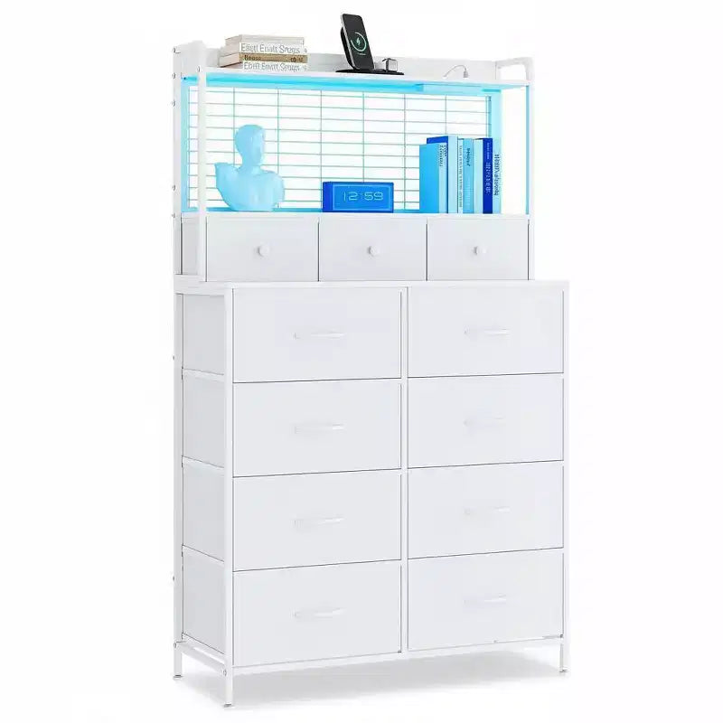 Smart Dresser with 11 Fabric Drawers, Charging Station, and RGB LED Lights