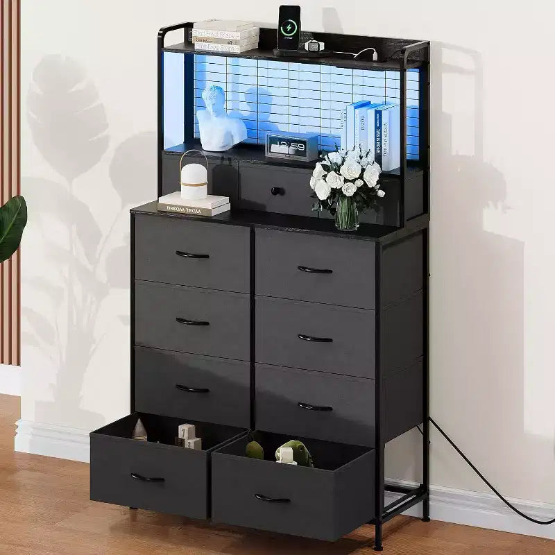 Smart Dresser with 11 Fabric Drawers, Charging Station, and RGB LED Lights