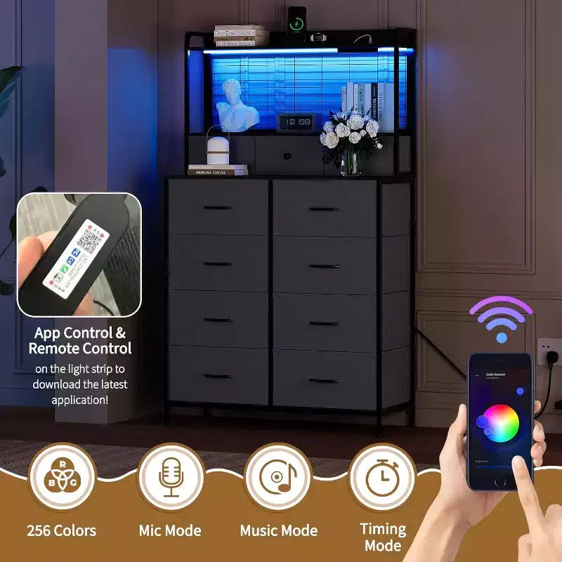 Smart Dresser with 11 Fabric Drawers, Charging Station, and RGB LED Lights
