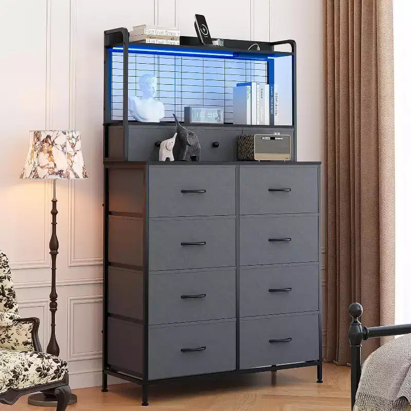Smart Dresser with 11 Fabric Drawers, Charging Station, and RGB LED Lights