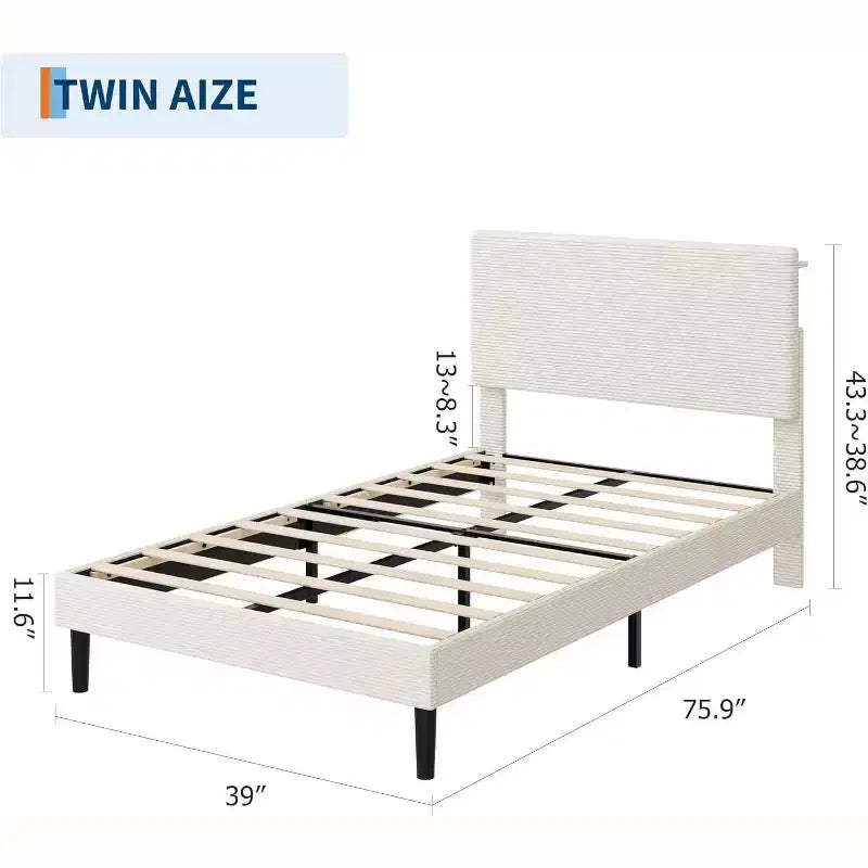 Corduroy Upholstered Platform Bed Frame with Charging Station Headboard