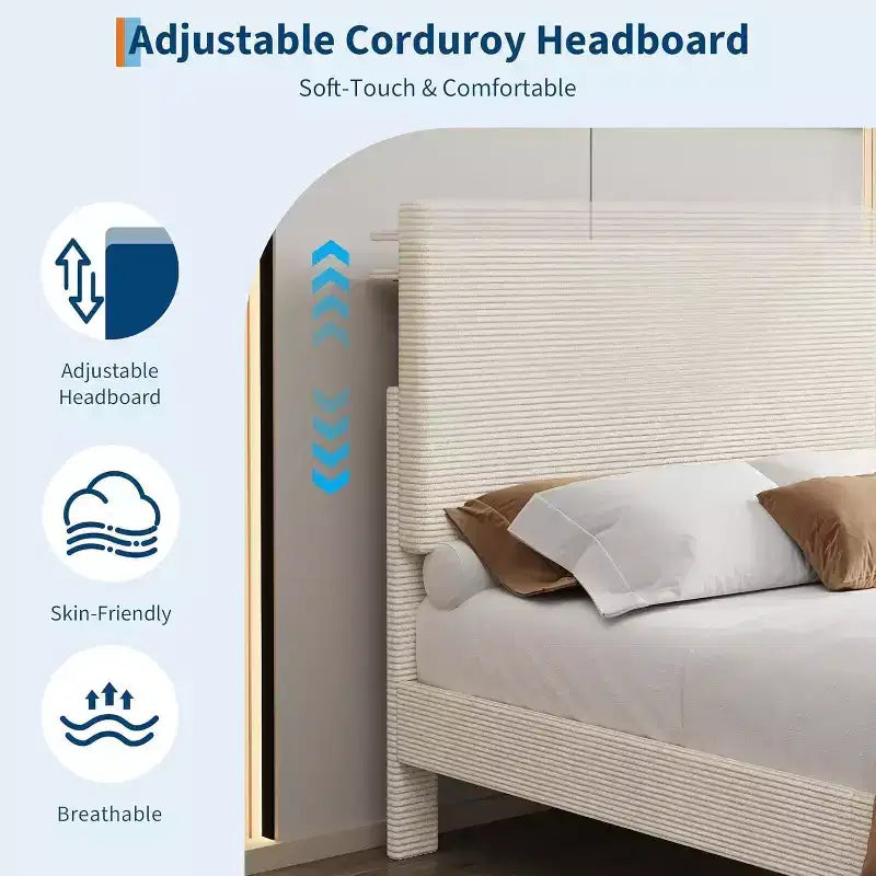 Corduroy Upholstered Platform Bed Frame with Charging Station Headboard