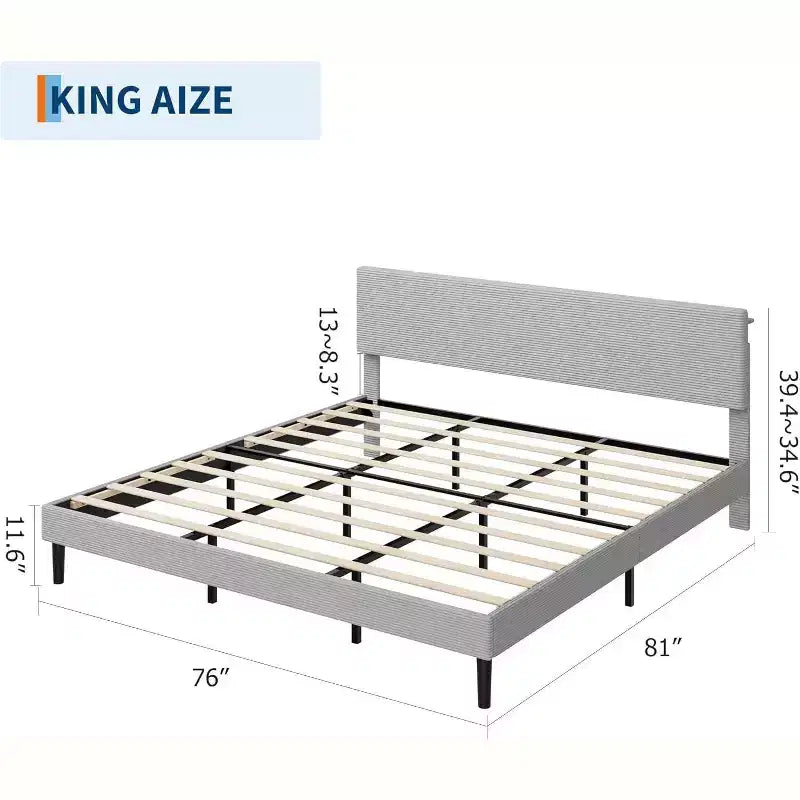Corduroy Upholstered Platform Bed Frame with Charging Station Headboard