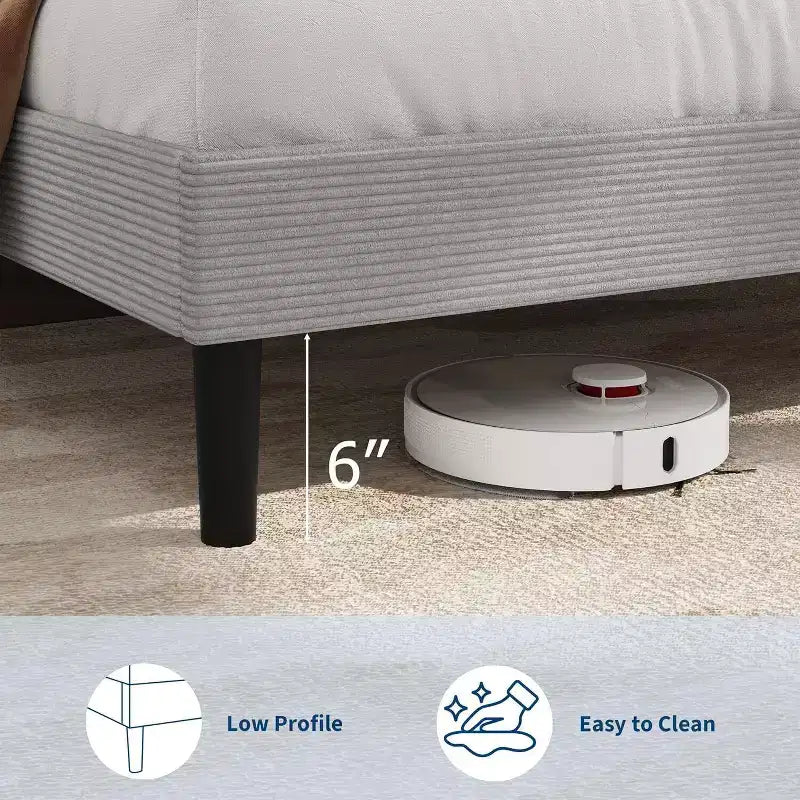 Corduroy Upholstered Platform Bed Frame with Charging Station Headboard
