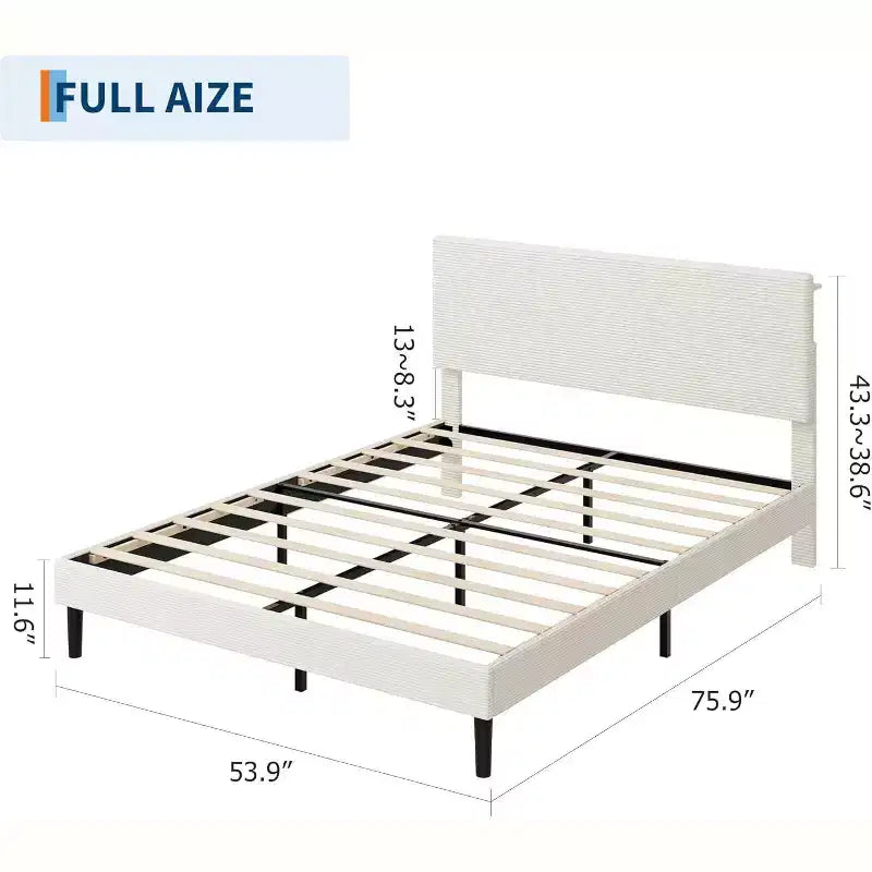 Corduroy Upholstered Platform Bed Frame with Charging Station Headboard