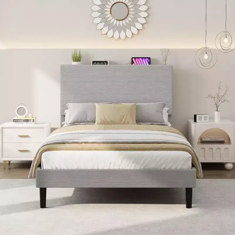 Corduroy Upholstered Platform Bed Frame with Charging Station Headboard
