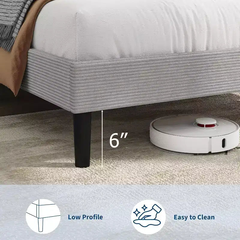 Corduroy Upholstered Platform Bed Frame with Charging Station Headboard