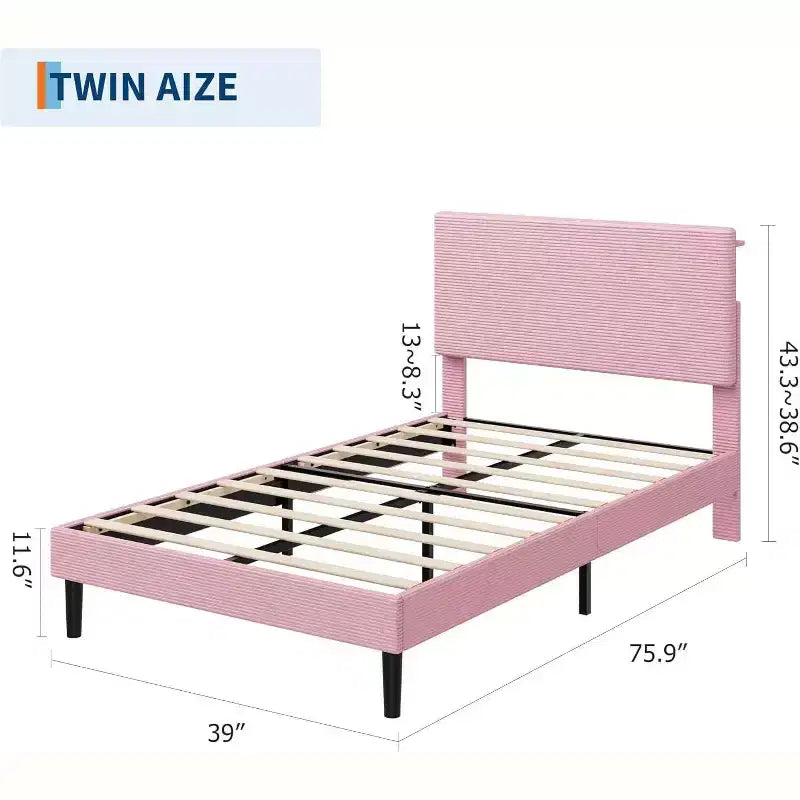 Corduroy Upholstered Platform Bed Frame with Charging Station Headboard