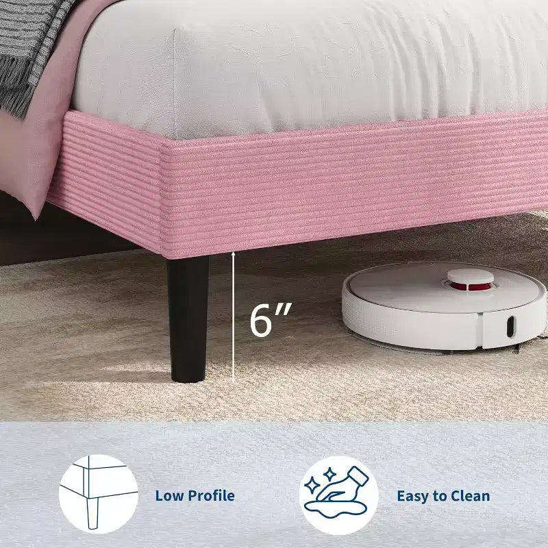 Corduroy Upholstered Platform Bed Frame with Charging Station Headboard