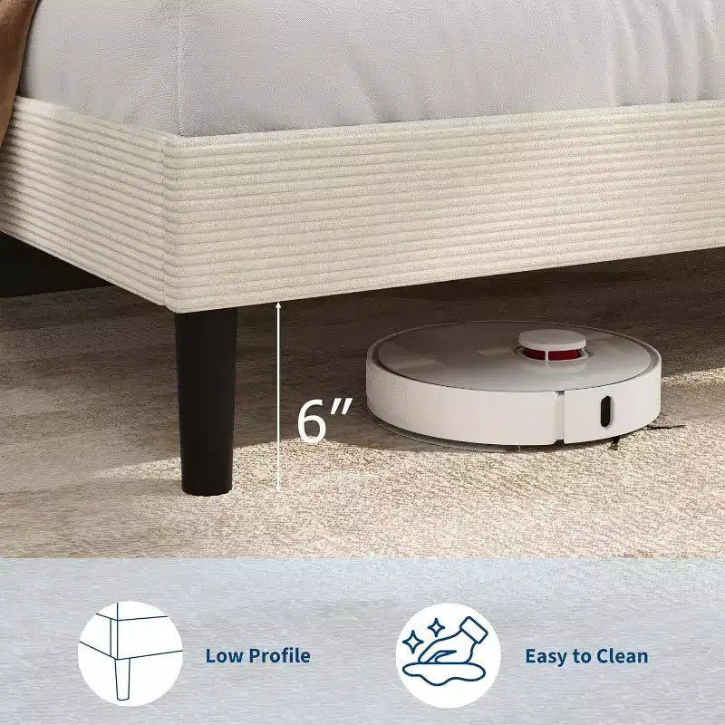 Corduroy Upholstered Platform Bed Frame with Charging Station Headboard