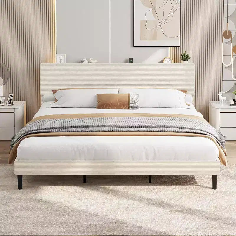 Corduroy Upholstered Platform Bed Frame with Charging Station Headboard