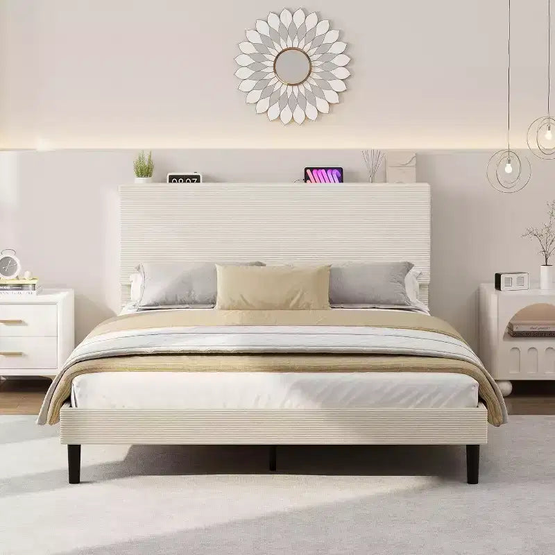 Corduroy Upholstered Platform Bed Frame with Charging Station Headboard